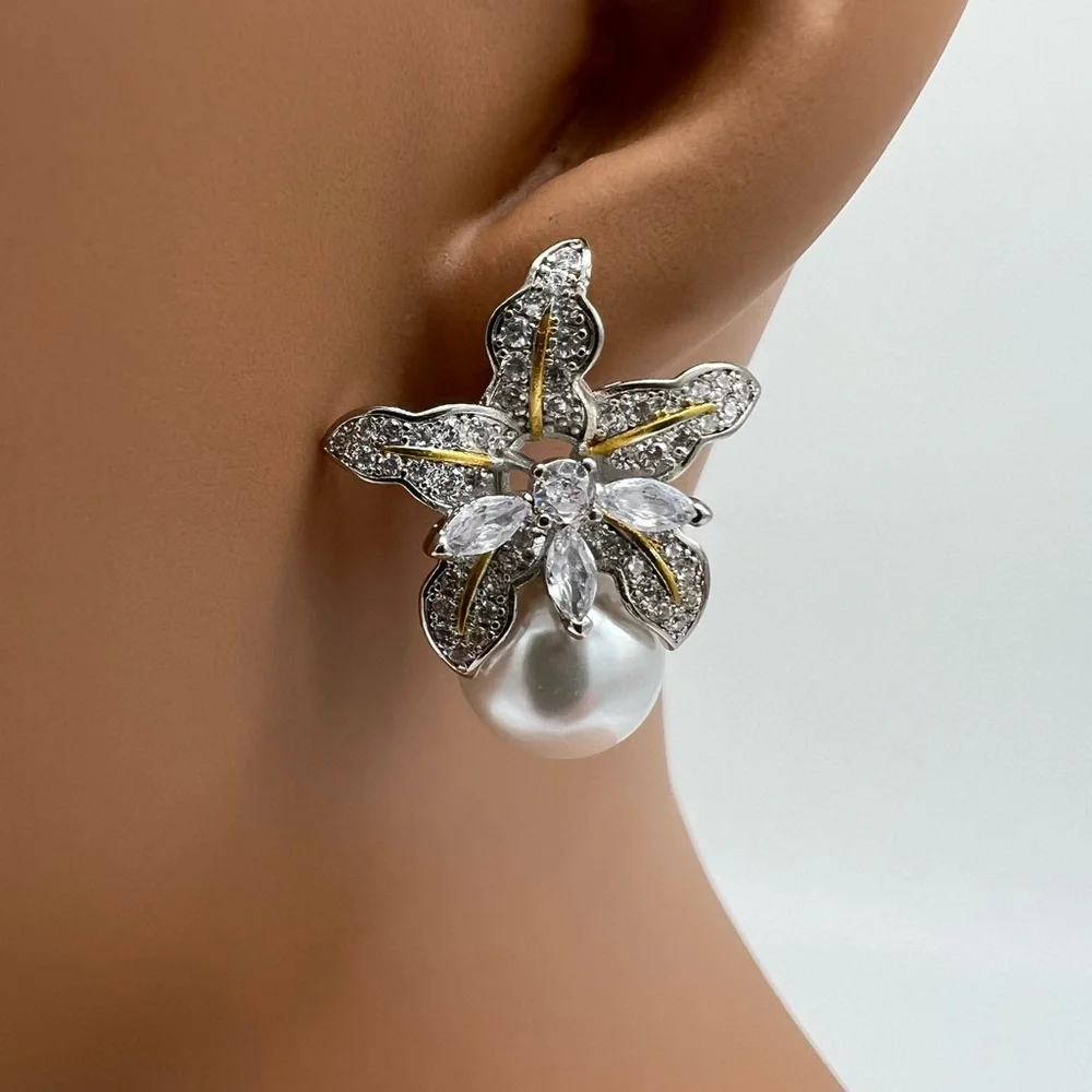 CZ Flower Cluster Pearl Earrings_2